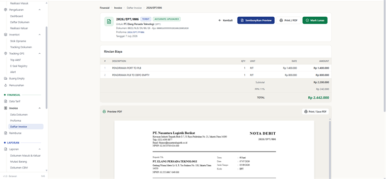 Invoice berstatus terbit dengan rincian biaya di atas dan pratinjau PDF Nota Debit berkop penerbit di bawahnya.