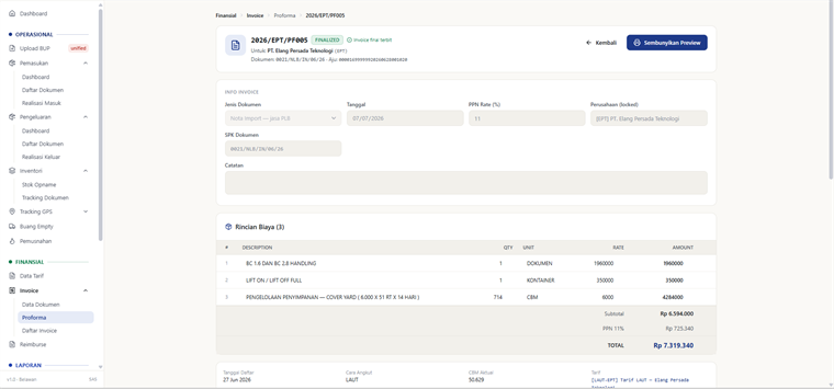 Proforma invoice berstatus finalized dengan tiga baris biaya, subtotal, PPN 11 persen, dan total.