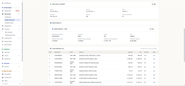 Info nilai dan berat, data kontainer, serta tabel item barang dengan kolom barcode.
